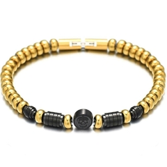 Pulseira Masculina Freedom Caveira Luxo de Pedra Hematita Dourada