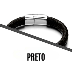 Imagem do Pulseira Masculina Couro Trançado e Aço Inoxidável Fecho Magnético