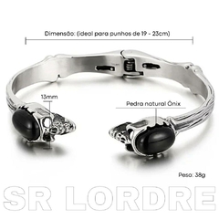Bracelete Masculino Crânio Aço Inox e Pedra Ônix - comprar online
