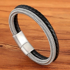 Pulseira Masculina de Couro e Fio de Aço Inoxidável Fecho Magnético - Pulseiras e Acessórios Masculino | Sr Lordre