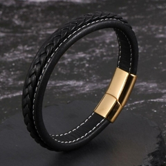 Pulseira Masculina Luxo de Couro e Fecho de Aço Inox - loja online