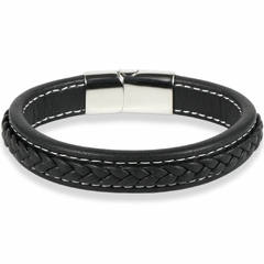 Pulseira Masculina Luxo de Couro e Fecho de Aço Inox - comprar online