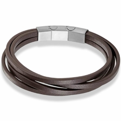 Pulseira Masculina Fios de Couro e Fecho Aço Inox Ajustável