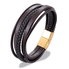 Pulseira Masculina Multi de Couro Fecho Aço Inoxidável