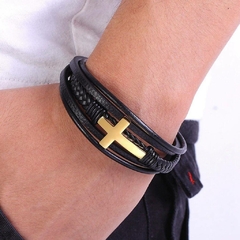 Pulseira Masculina Crucifixo Couro e Aço Inox Premium - comprar online