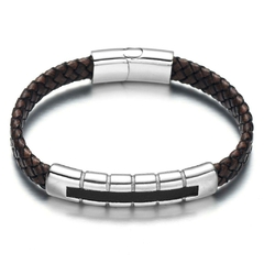 Pulseira Masculina de Couro e Aço Inox Luxo