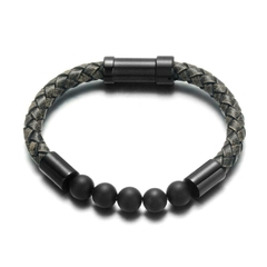 Pulseira Masculina Elegrand de Couro Legitimo e Aço Inox Luxo