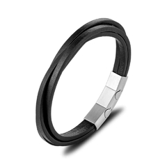 Pulseira Masculina Fios de Couro e Fecho Aço Inox Ajustável