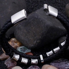 Imagem do Pulseira Masculina de Couro Duplo e Aço Inoxidável
