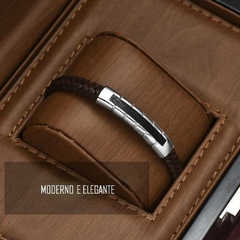 Pulseira Masculina de Couro e Aço Inox Luxo - comprar online