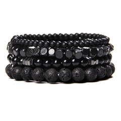 Kit Elegante 4 Pulseiras Pedra Vulcânica e Ônix e Madeira na internet