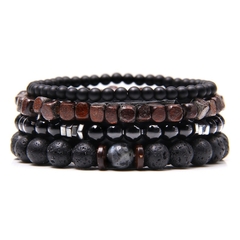 Kit Elegante 4 Pulseiras Pedra Vulcânica e Ônix e Madeira