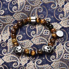 Pulseira Masculina Olho de Tigre Caveira de Pedra Natural e Aço Inox 8mm na internet