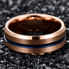 Anel Masculino Rose Linha Azul de Tungstênio 8mm
