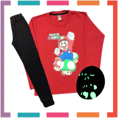 Pijama MARIO BROSS Glow Brilla en la oscuridad 100% algodón peinado premium. T4 al 14. no en internet