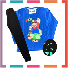 Pijama MARIO BROSS Glow Brilla en la oscuridad 100% algodón peinado premium. T4 al 14. no - OSURRIN