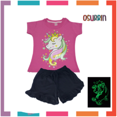 Pijama Verano UNICORNIO Remera Estampa Glow Brilla en la oscuridad + Short ALGODÓN PEINADO PREMIUM