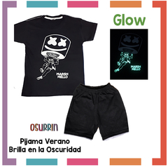 Pijama Verano MARSHMELLO Remera + Short estampa GLOW que BRILLA en la oscuridad 100% algodón peinado premium