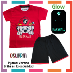 Pijama Verano PAW PATROL MARSHALL Remera + Short estampa GLOW que BRILLA en la oscuridad 100% algodón peinado premium - tienda online