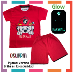 Pijama Verano PAW PATROL CHASE Remera + Short estampa GLOW que BRILLA en la oscuridad 100% algodón peinado premium en internet