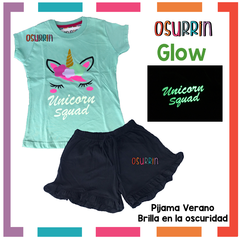 PIJAMA VERANO UNICORNIO REMERA + SHORT ESTAMPA GLOW QUE BRILLA EN LA OSCURIDAD 100% ALGODÓN PEINADO PREMIUM