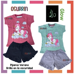 PIJAMA VERANO UNICORNIO REMERA + SHORT ESTAMPA GLOW QUE BRILLA EN LA OSCURIDAD 100% ALGODÓN PEINADO PREMIUM