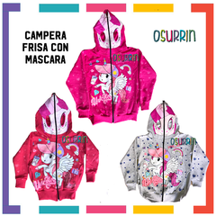 ¡PROMO! ¡Ultimos! Campera UNICORNIO doble frisa capucha con máscara y bolsillos. T4 al 12.
