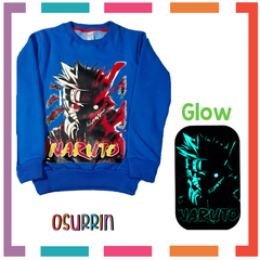 Buzo NARUTO Frisa GLOW cuello redondo con estampa que BRILLA EN LA OSCURIDAD.