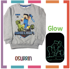 Buzo MINECRAFT Frisa GLOW cuello redondo con estampa que BRILLA EN LA OSCURIDAD.