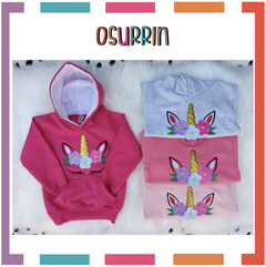 Buzo Frisa con aplique Bordado de UNICORNIO con Capucha y Bolsillos.