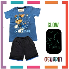 Pijama Verano PAW PATROL CHASE Remera + Short estampa GLOW que BRILLA en la oscuridad 100% algodón peinado premium - tienda online