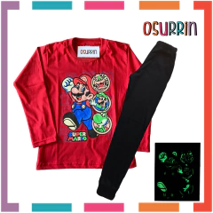 Pijama MARIO BROSS Glow Brilla en la oscuridad 100% algodón peinado premium. T4 al 14. no