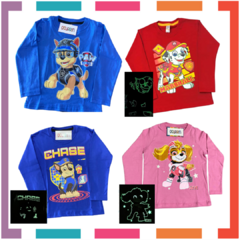Remera ML GLOW que BRILLA en la oscuridad 100% algodón peinado premium PATRULLA CANINA - Chase - Marshall y Skye