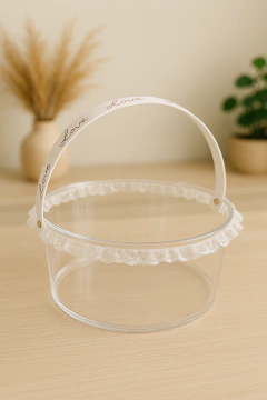10 UN CESTA PET CRISTAL LOVE TRANSPARENTE COM ALÇA BABADO - 25x11 - comprar online