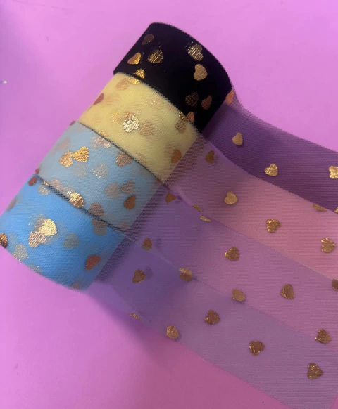 FITA IMPORTADA TULE COM CORAÇÃO FOIL 4 cm. / 1 METRO - comprar online