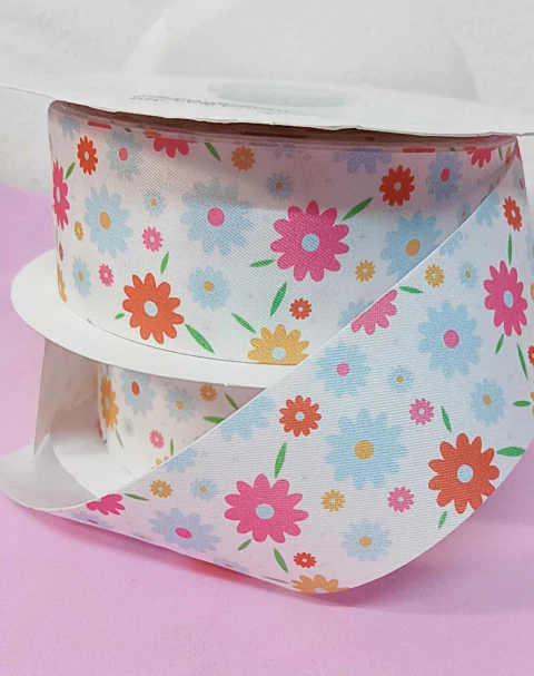 FITA IMPORTADA ESTAMPADA FLORAL FUNDO BRANCO - 38 mm. /METRO - comprar online