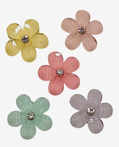 APLIQUE RESINA TRANSLÚCIDA FLOR COM STRASS 3 x 3 cm. / 5 UNIDADES CORES SORTIDAS - comprar online