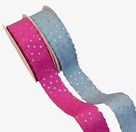 FITA IMPORTADA JEANS COM ESTRELAS DOURADAS, 38 mm / 1 metro