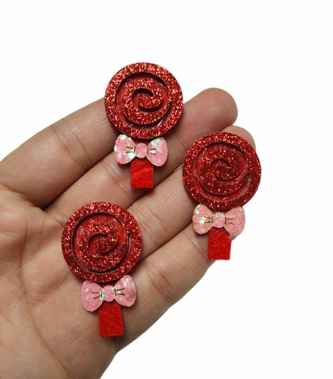 APLIQUE FLOCADO PIRULITO VERMELHO COM LACINHO - KIT COM 2 UNIDADES