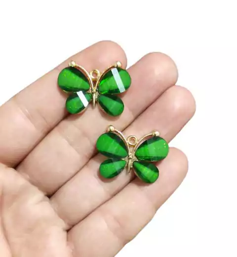 APLIQUE BORBOLETA METAL PEDRARIA VERDE FOLHA - 2 UNIDADES