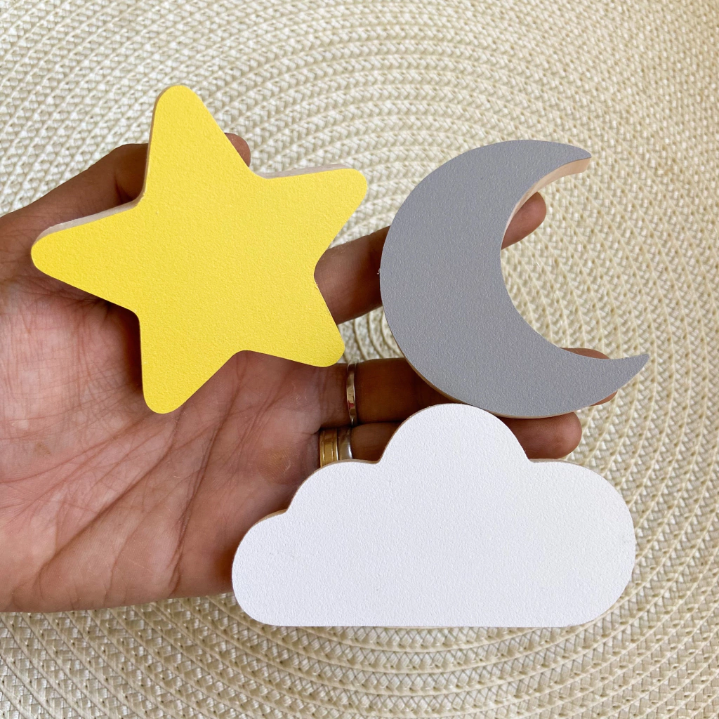 Decoração Lúdica 3 Cabideiro de Parede Infantil Nuvem, Estrela e Lua
