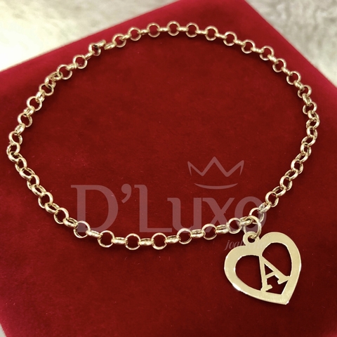 Pulseira elo portugues com coração de letra personalizado - comprar online