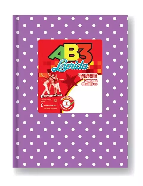 Cuaderno 19 x 23,5 Laprida ab3 lunares lila 50 hojas rayado cosido tapa dura