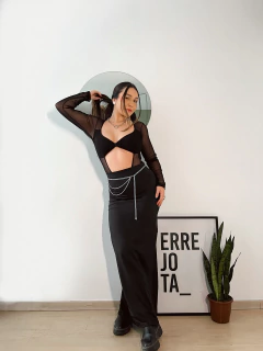 Body Tule Manga Longa Recortes Preto - Dondocas e Divinas