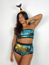 Conjunto Hot Pants Paetê Azul e Dourado