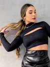 Cropped Manga Longa Gola Alta Preto Monique