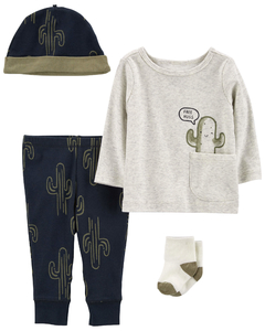 CARTER´S SET 4 PIEZAS REMERA MANGAS LARGAS GORRO MEDIAS Y PANTALON "CACTUS"
