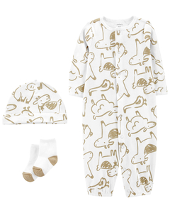 CARTER´S SET 3 PIEZAS OSITO PIJAMA BROCHES GORRO Y MEDIAS "ANIMALES DE LA GRANJA"