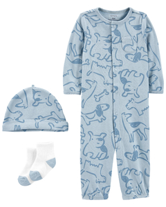 CARTER´S SET 3 PIEZAS OSITO PIJAMA BROCHES GORRO Y MEDIAS "OVEJAS CELESTE"