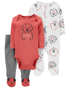 CARTER´S SET 3 PIEZAS OSITO PIJAMA BODY MANGAS LARGAS Y PANTALON "PERRITOS"